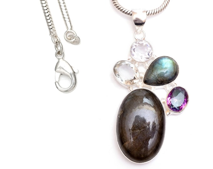 Midnight Madness! Labradorite Mystic Topaz Clear Topaz 925 Sterling Silver Pendant & 3MM Italian 925 Sterling Silver Chain P9462