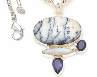 Dendritic Agate Merlinite 925 Sterling Silver Pendant & 2MM Italian 925 Sterling Silver Chain P7684