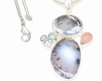 Dendrtic Agate Merlinite 925 Sterling Silver Pendant & 2MM Italian 925 Sterling Silver Chain P7639