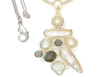 Pearl Moonstone Labradorite 925 Sterling Silver Pendant & 2MM Italian 925 Sterling Silver Chain P7734