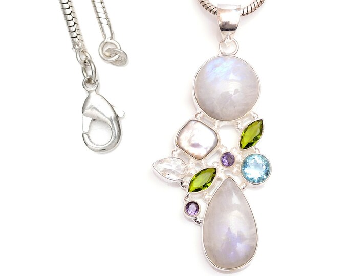 Everything you needed! Rainbow Moonstone Peridot Blue Topaz Amethyst Sterling Silver Pendant & 3MM Italian 925 Sterling Silver Chain P9433