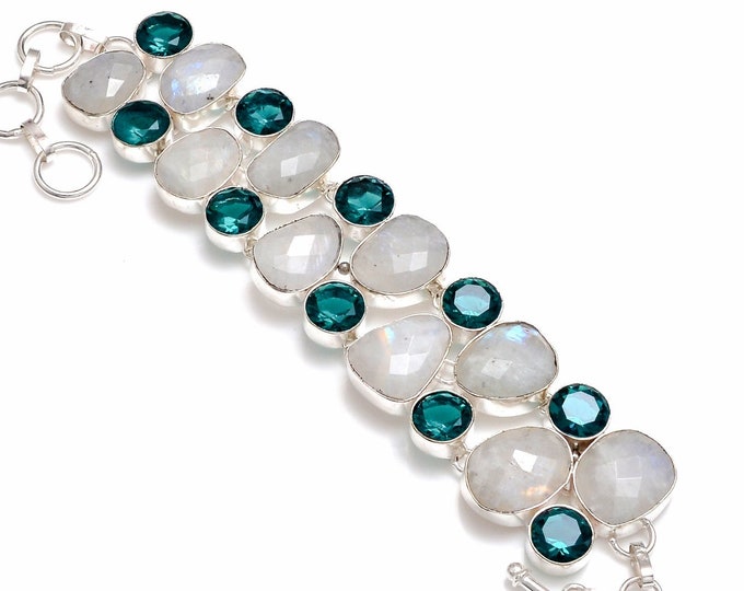 Teal Azotic Topaz Moonstone 925 Sterling Silver Bracelet B4230