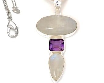 Moonstone Amethyst 925 Sterling Silver Pendant & 2MM Italian 925 Sterling Silver Chain P7334