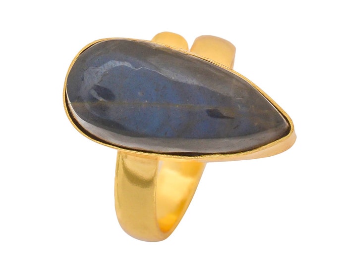 Size 7.5 - Size 9 Blue Labradorite Ring Meditation Ring 24K Gold Ring GPR1278