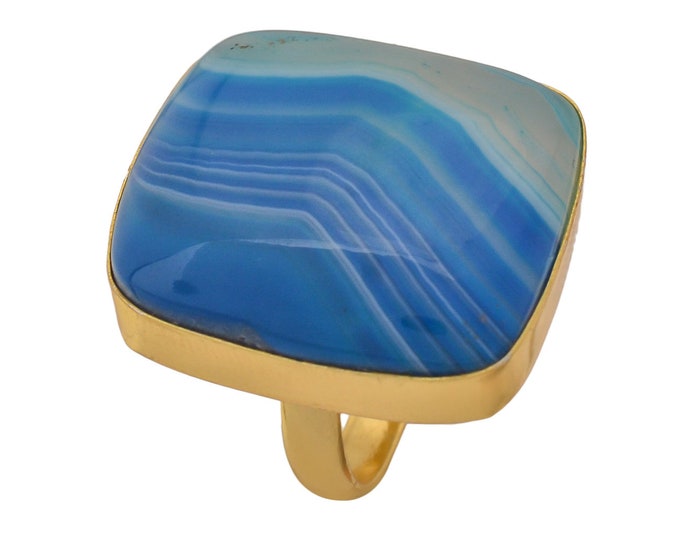 Size 7.5 - Size 9 Adjustable Blue Banded Agate Energy Healing Ring • Meditation Crystal Ring • 24K Gold  Ring GPR1167