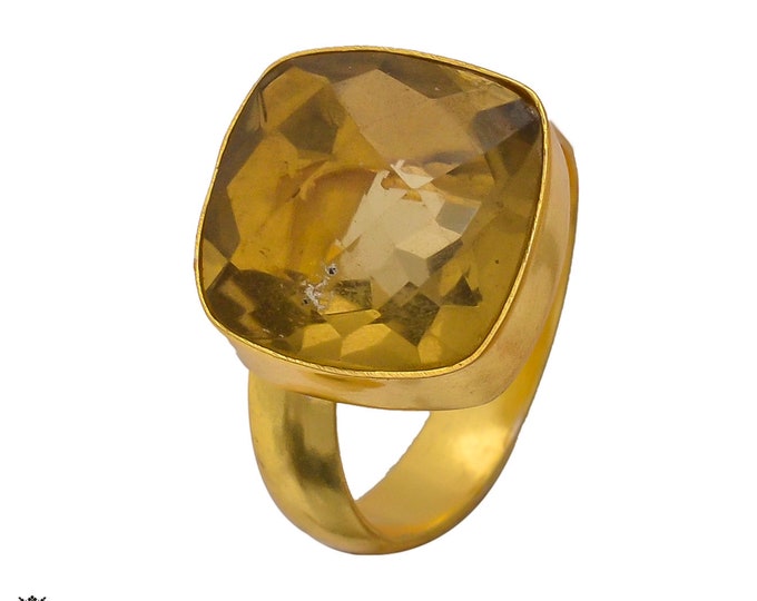 Size 8.5 - Size 10 Lemon Quartz Ring Meditation Ring 24K Gold Ring GPR249