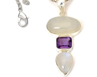 Moonstone Amethyst 925 Sterling Silver Pendant & 2MM Italian 925 Sterling Silver Chain P7331