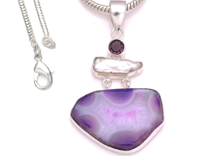 2.7 Inch Agate Stalactite Amethyst  925 Sterling Silver Pendant & 3MM Italian 925 Sterling Silver Chain P8273