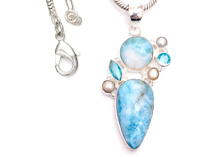 Ocean Blue! Larimar Blue Topaz Clear Topaz Osaka Pearl 925 Sterling Silver Pendant & 3MM Italian 925 Sterling Silver Chain P9453