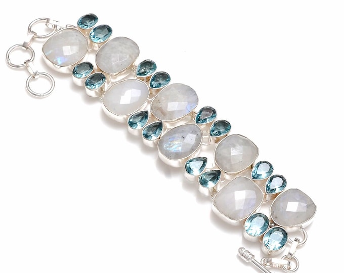 Rainbow Moonstone Blue Topaz 925 Sterling Silver Bracelet B4251