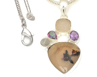 Scenic Agate 925 Sterling Silver Pendant & 2MM Italian 925 Sterling Silver Chain P7760