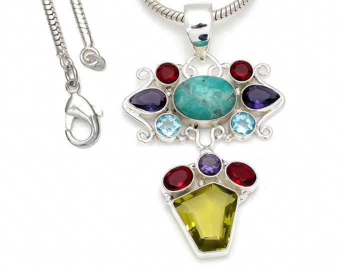 Turquoise Iolite Garnet Diamond Cut Lemon Topaz 925 Sterling Silver Pendant & 3MM Italian 925 Sterling Silver Chain P8425