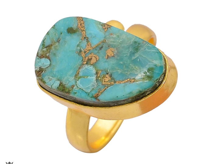 Size 7.5 - Size 9 Blue Pyrite Turquoise Ring Meditation Ring 24K Gold Ring GPR392