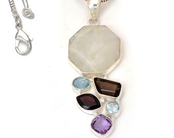 Moonstone Amethyst Blue Topaz 925 Sterling Silver Pendant & 3MM Italian 925 Sterling Silver Chain P7397