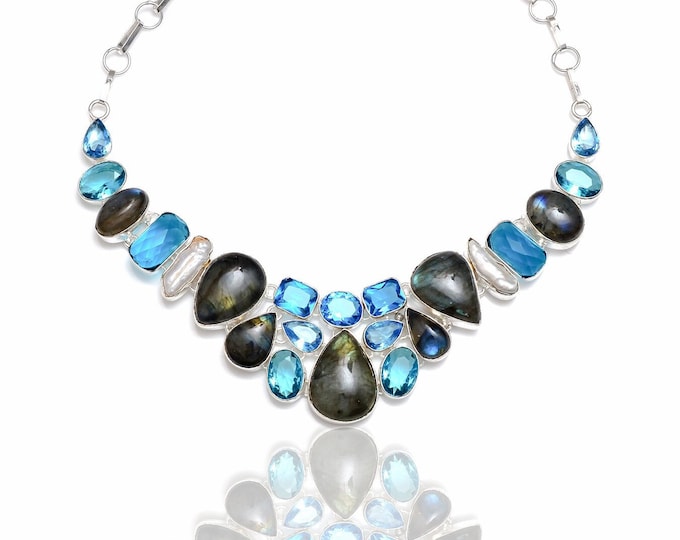 Labradorite Blue Topaz Healing Crystal Necklace Birthstone Necklace NK258