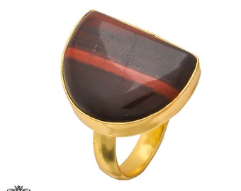 Size 6.5 - Size 8 Adjustable Iron Tiger's Eye 24K Gold Plated Ring GPR223