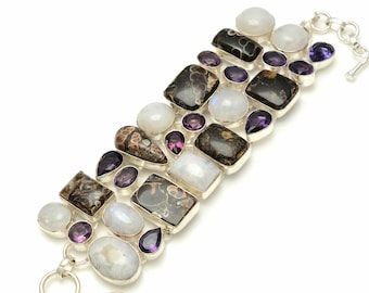 Turritella Agate Moonstone Amethyst 925 Sterling Silver Bracelet B3240