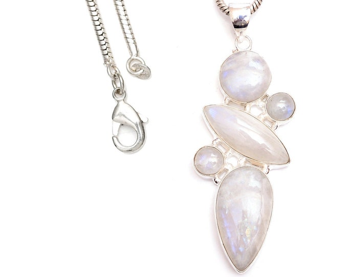 Don't Pretend you don't want this! Rainbow Moonstone Classic 925 Sterling Silver Pendant & 3MM Italian 925 Sterling Silver Chain P9441