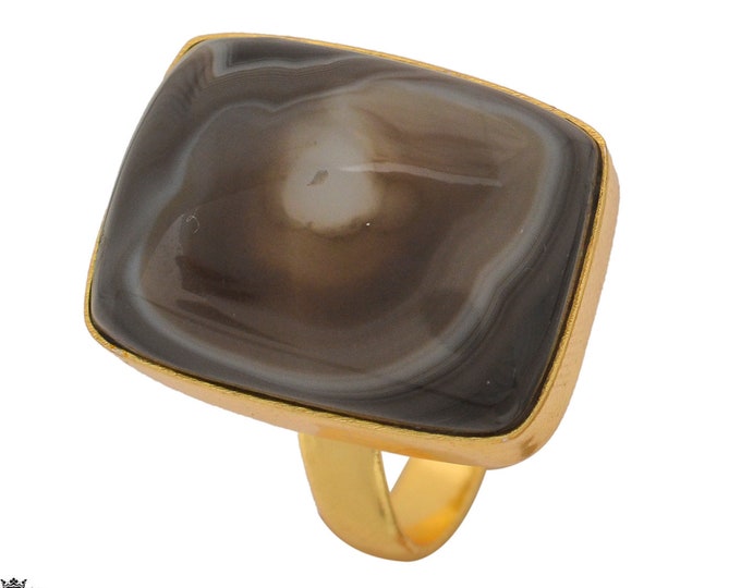 Size 9.5 - Size 11 Banded Agate Ring Meditation Ring 24K Gold Ring GPR1064