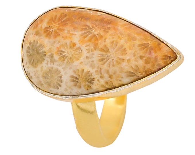 Size 9.5 - Size 11 Fossilized Bali Coral Ring Meditation Ring 24K Gold Ring GPR1335