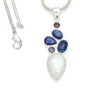 Moonstone Kyanite Sapphire Necklace 925 Sterling Silver Pendant & 3MM Italian 925 Sterling Silver Chain P8320