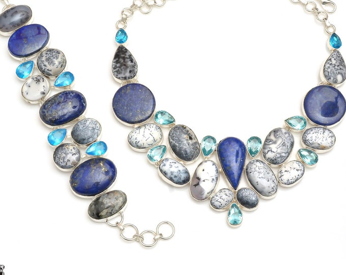 On Sale! Lapis Lazuli Dendritic Opal Blue Topaz Fine Sterling Silver Necklace Bracelet Earrings SET1003