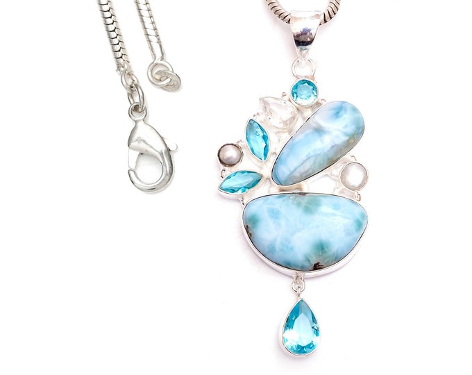 You want this! Larimar Blue Topaz Pearl Clear Topaz 925 Sterling Silver Pendant & 3MM Italian 925 Sterling Silver Chain P9437