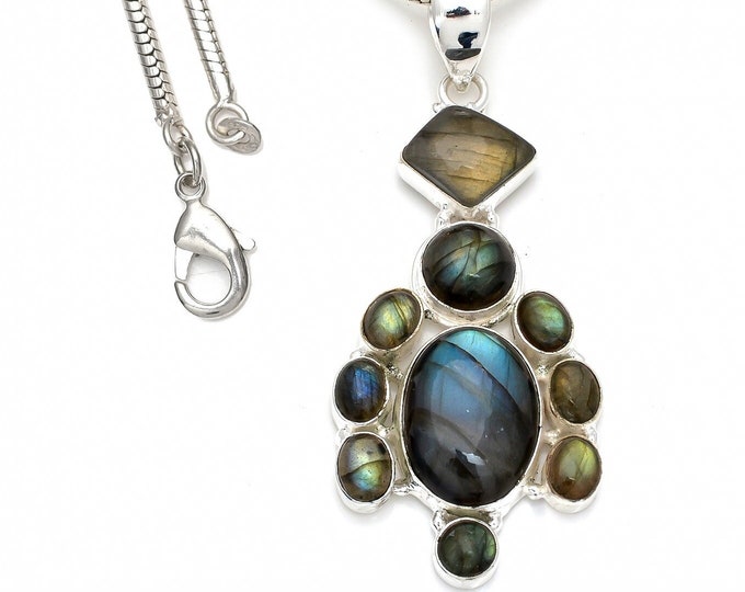 Blue Fire Labradorite 925 Sterling Silver Pendant & 3MM Italian 925 Sterling Silver Chain P8427