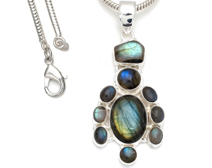 Labradorite 925 Sterling Silver Pendant & 3MM Italian 925 Sterling Silver Chain P8403