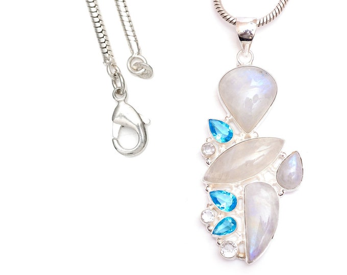 Statement Piece is Back! Rainbow Moonstone Blue Topaz Clear Topaz 925 Sterling Silver Pendant & 3MM Italian 925 Sterling Silver Chain P9435