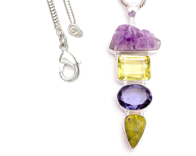 One of a Kind! Rough Amethyst Atlantisite Lemon Topaz 925 Sterling Silver Pendant & 3MM Italian 925 Sterling Silver Chain P9432