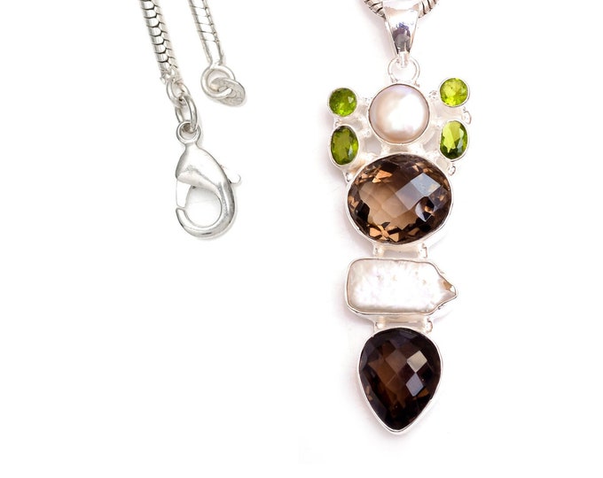 Gothic Style! Smoky Topaz Osaka Pearl Peridot 925 Sterling Silver Pendant & 3MM Italian 925 Sterling Silver Chain P9450