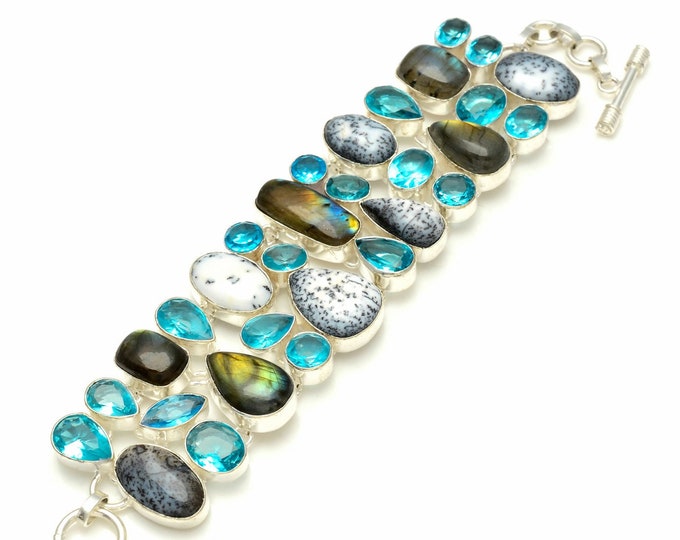 Dendritic Opal MERLINITE Blue Topaz Labradorite 925 Sterling Silver Bracelet B3239