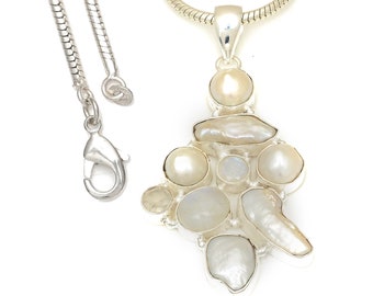 Moonstone Pearl 925 Sterling Silver Pendant & 2MM Italian 925 Sterling Silver Chain P7773