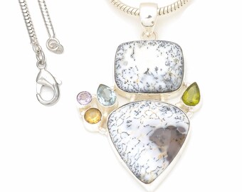 Dendritic Agate Merlinite 925 Sterling Silver Pendant & 2MM Italian 925 Sterling Silver Chain P7647