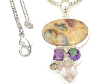 Crazy lace Agate 925 Sterling Silver Pendant & 2MM Italian 925 Sterling Silver Chain P7765