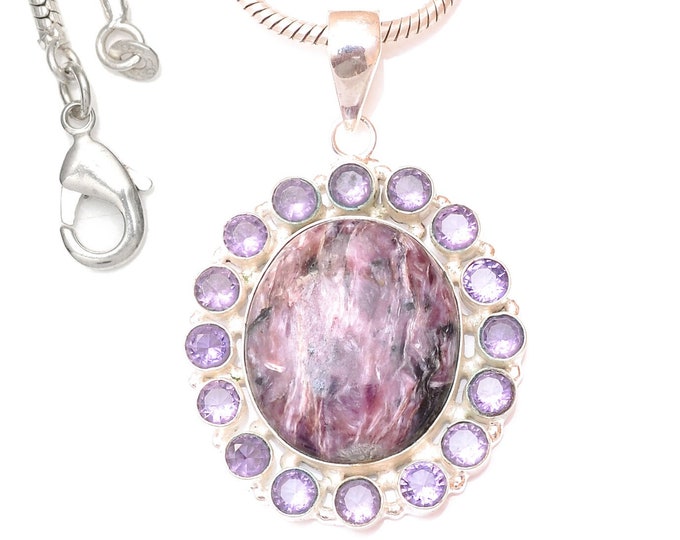 In Demand! Lilac Charoite 925 Sterling Silver Pendant & 3MM Italian Chain P9625