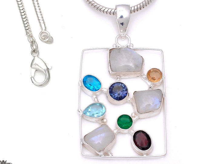 Moonstone Blue Topaz 925 Sterling Silver Pendant & 3MM Italian 925 Sterling Silver Chain P7914