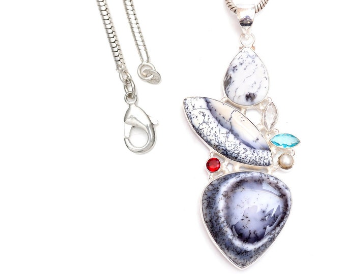Got so much for the money! Huge Dendritic opal Blue Topaz Pearl Garnet Sterling Silver Pendant & 3MM Italian 925 Sterling Silver Chain P9443