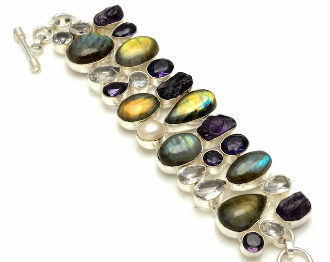 Labradorite Clear Quartz Amethyst Cluster Pearl 925 Sterling Silver Bracelet B3151