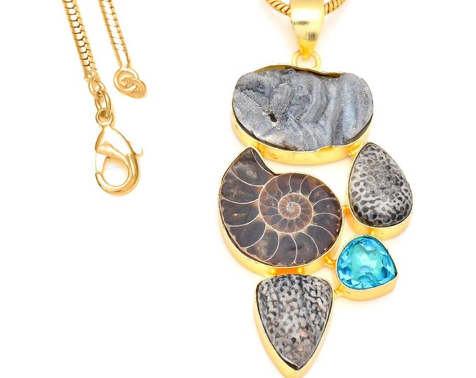 3.6 Inch Ammonite Stingray Coral 24K Gold  Pendant Snake Chain GP225