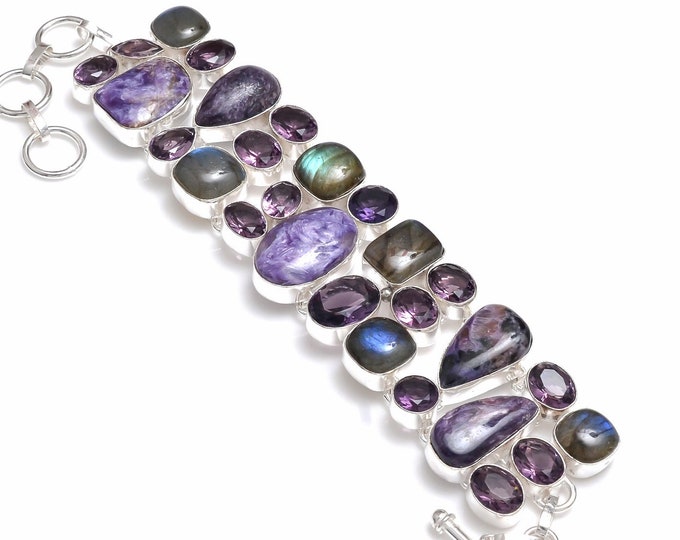 Charoite Labradorite Amethyst 925 Sterling Silver Bracelet B4122