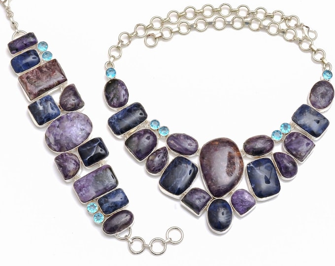 Proper Concept! Charoite Sodalite Blue Topaz Fine Sterling Silver Necklace Bracelet Earrings SET1055