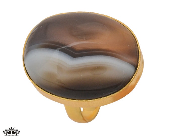 Size 8.5 - Size 10 Banded Agate Ring Meditation Ring 24K Gold Ring GPR1051