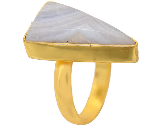 Size 7.5 - Size 9 Blue Lace Agate Ring Meditation Ring 24K Gold Ring GPR1700
