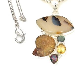 Scenic Agate Ammonite 925 Sterling Silver Pendant & 2MM Italian 925 Sterling Silver Chain P7709