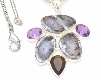 Dendritic Agate Merlinite 925 Sterling Silver Pendant & 2MM Italian 925 Sterling Silver Chain P7663