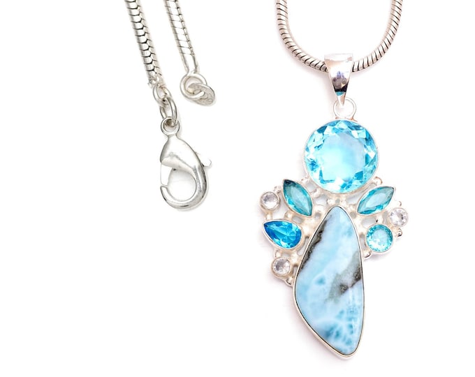 Character! Larimar Blue Topaz 925 Sterling Silver Pendant & 3MM Italian 925 Sterling Silver Chain P9410