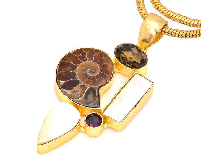 3 Inch Ammonite Mother of Pearl 24K Gold Pendant & 3mm Snake Chain GP227