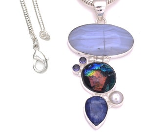 3.3 Inch Blue Lace Agate Dichroic Sapphire Pearl  925 Sterling Silver Pendant & 3MM Italian 925 Sterling Silver Chain P8241